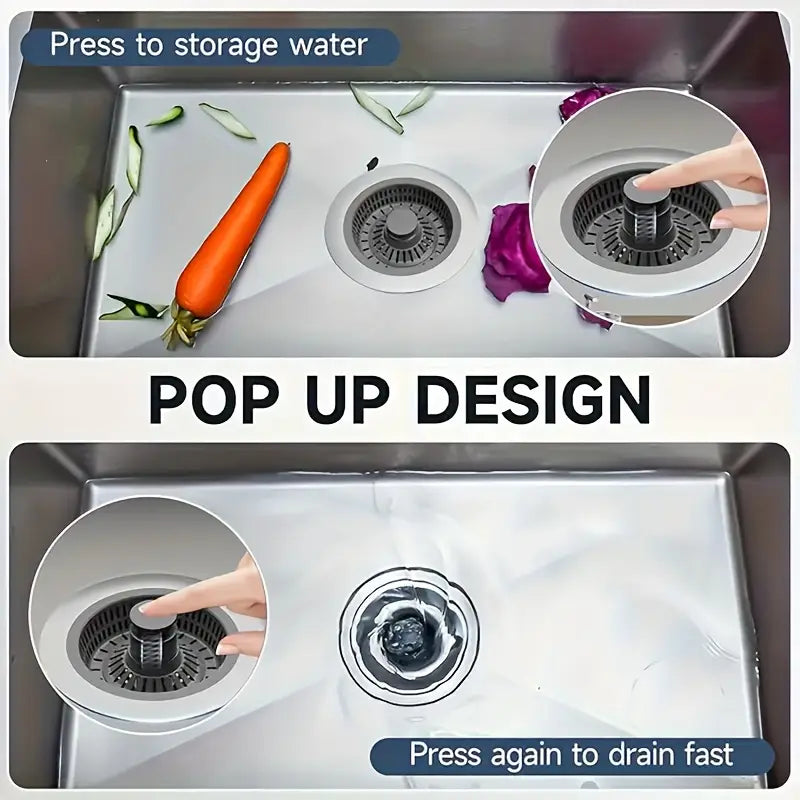 3 in 1 Kitchen Sink Drain Strainer, 10,000 Pressure Tested JOMST 304 Stainless Steel Pop-Up Sink Plug, 3 in 1 Fast Drain Deodorizer Anti-Clog, Strainer for Kitchen Standard 3