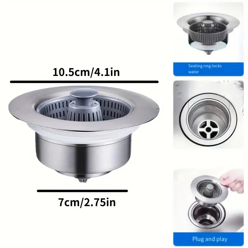 3 in 1 Kitchen Sink Drain Strainer, 10,000 Pressure Tested JOMST 304 Stainless Steel Pop-Up Sink Plug, 3 in 1 Fast Drain Deodorizer Anti-Clog, Strainer for Kitchen Standard 3