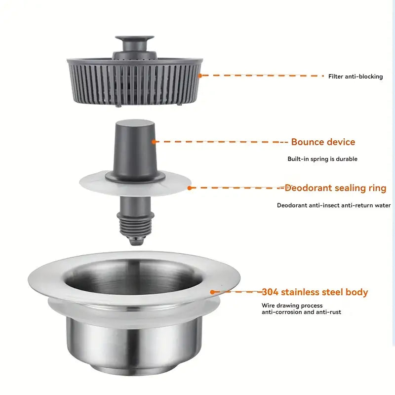 3 in 1 Kitchen Sink Drain Strainer, 10,000 Pressure Tested JOMST 304 Stainless Steel Pop-Up Sink Plug, 3 in 1 Fast Drain Deodorizer Anti-Clog, Strainer for Kitchen Standard 3