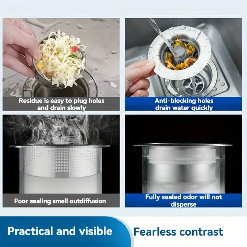 3 in 1 Kitchen Sink Drain Strainer, 10,000 Pressure Tested JOMST 304 Stainless Steel Pop-Up Sink Plug, 3 in 1 Fast Drain Deodorizer Anti-Clog, Strainer for Kitchen Standard 3
